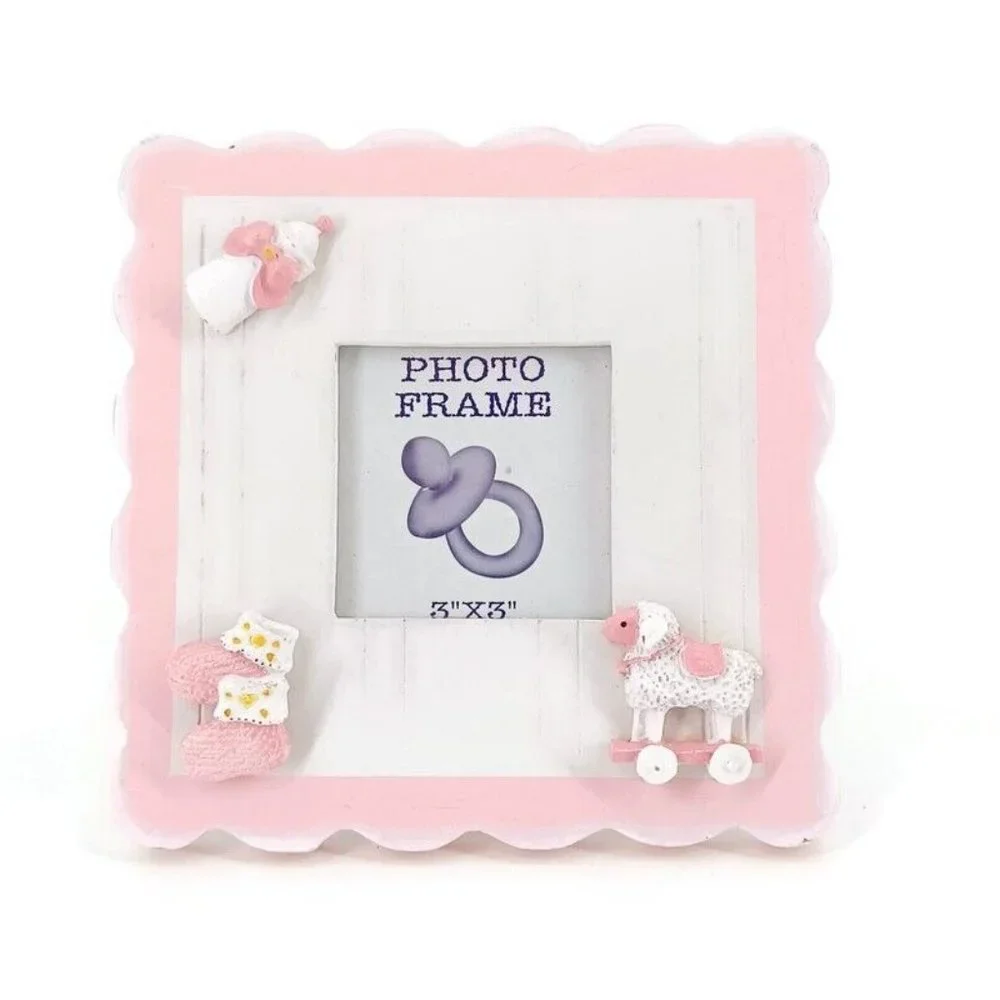Newborn Baby Girl Photo Frame Gift Pink 3x3 Picture Free Stand Wood 6.5x6.5 Dime - Picture 2 of 12